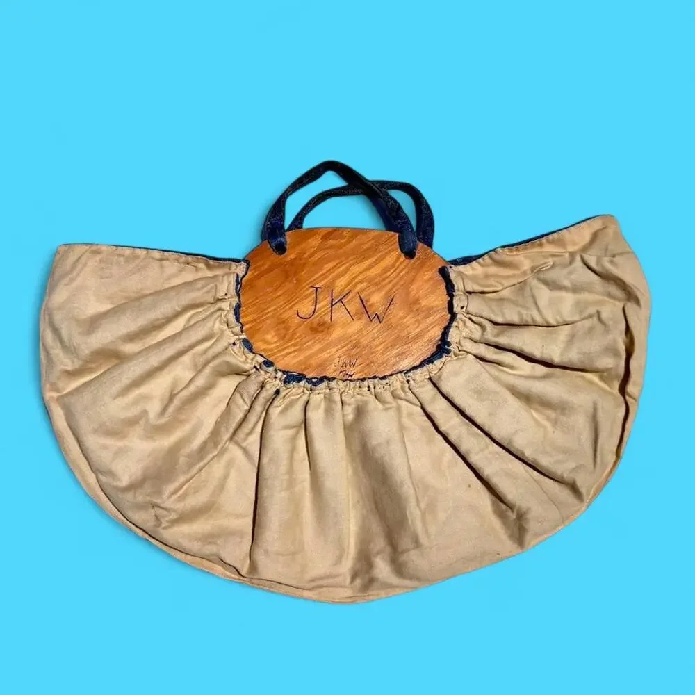 `1940s blue handmade silk tapestry novelty dog crescent shaped handbag